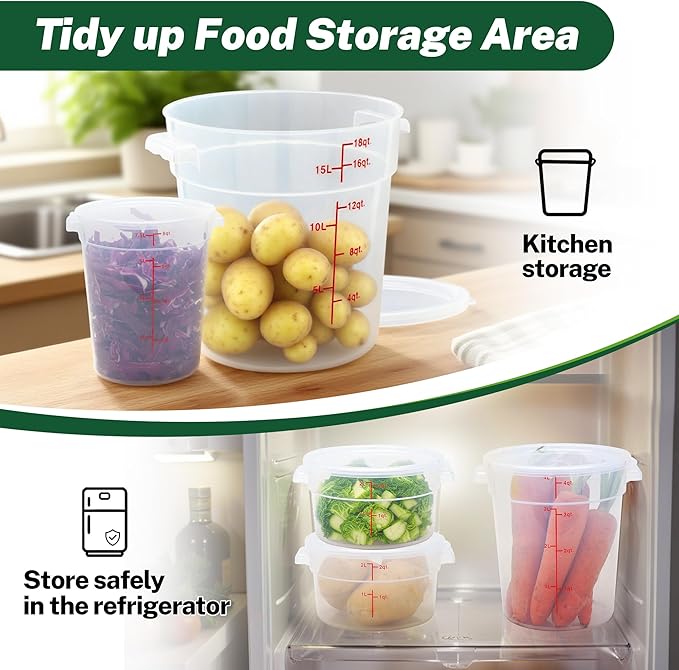 Round Food Storage Container with Lid，18 Qt Translucent， Commercial 4 Pack of – NSF Listed, BPA-Free, Polypropylene, Non-Stick， Scale, with Labels & Measuring Cups