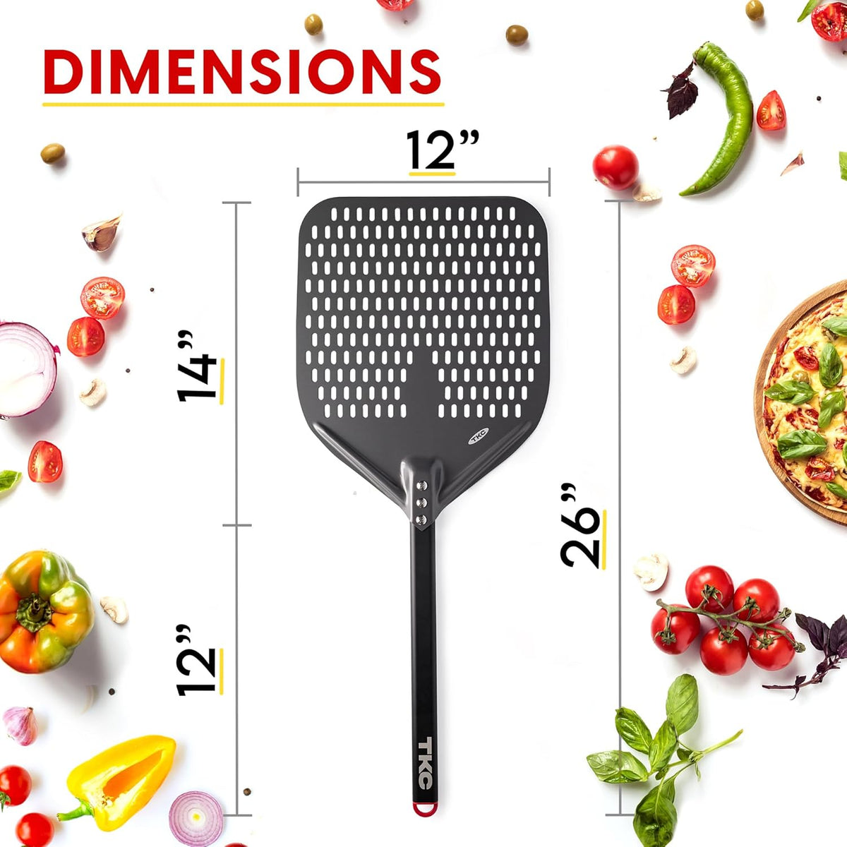 TKC 12", 8" Perforated Pizza Peels - Professional Aluminum Pizza Turning peel - Long Handle Metal Pizza Spatula for Indoor and Outdoor - Lightweight Non-Stick Pizza Turner - Pizza Oven Accessories