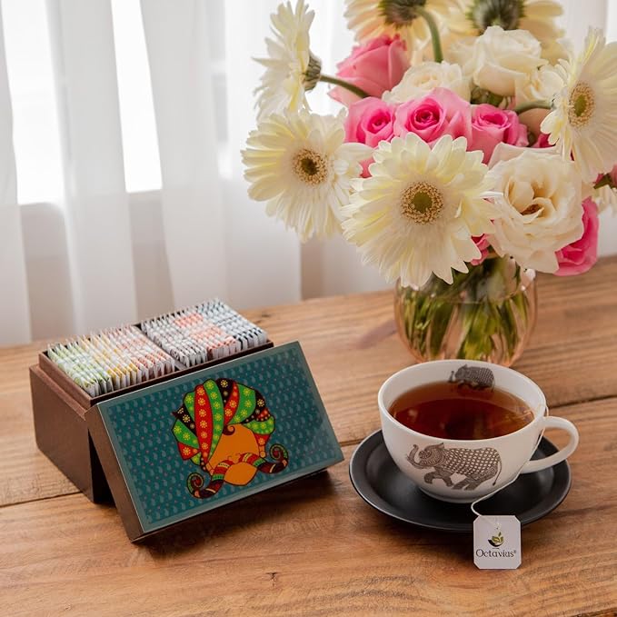 Octavius Urban Print Wooden Tea Sampler Box | Variety Pack Sampler | Perfect For Gifting & Thanksgiving - 6 Flavours & 30 Bags