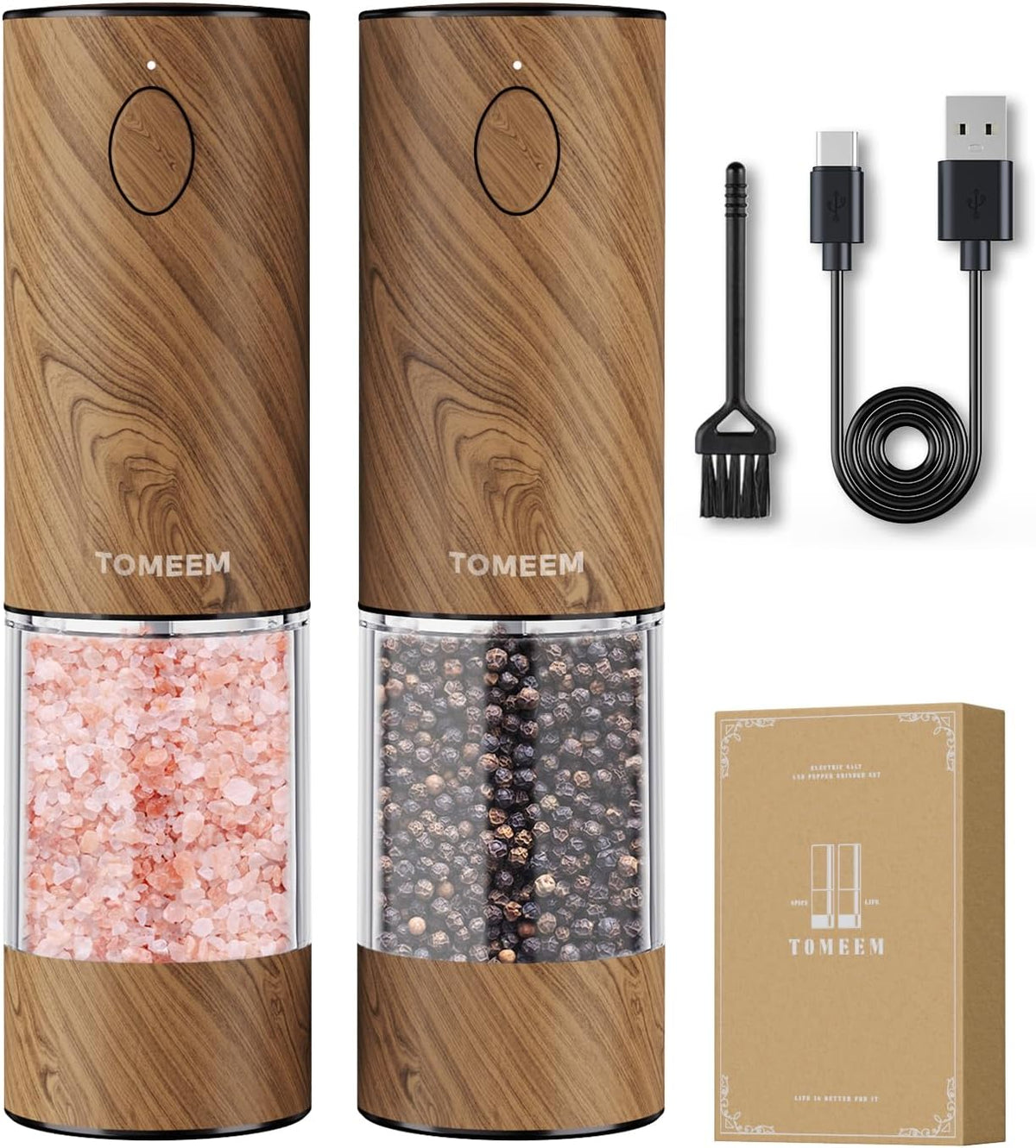 TOMEEM Upgraded Larger Capacity Electric Salt and Pepper Grinder Set Rechargeable with LED lights, Stainless Steel Automatic Pepper and Salt Grinder Refillable with 5 Adjustable Coarseness Wood Grain
