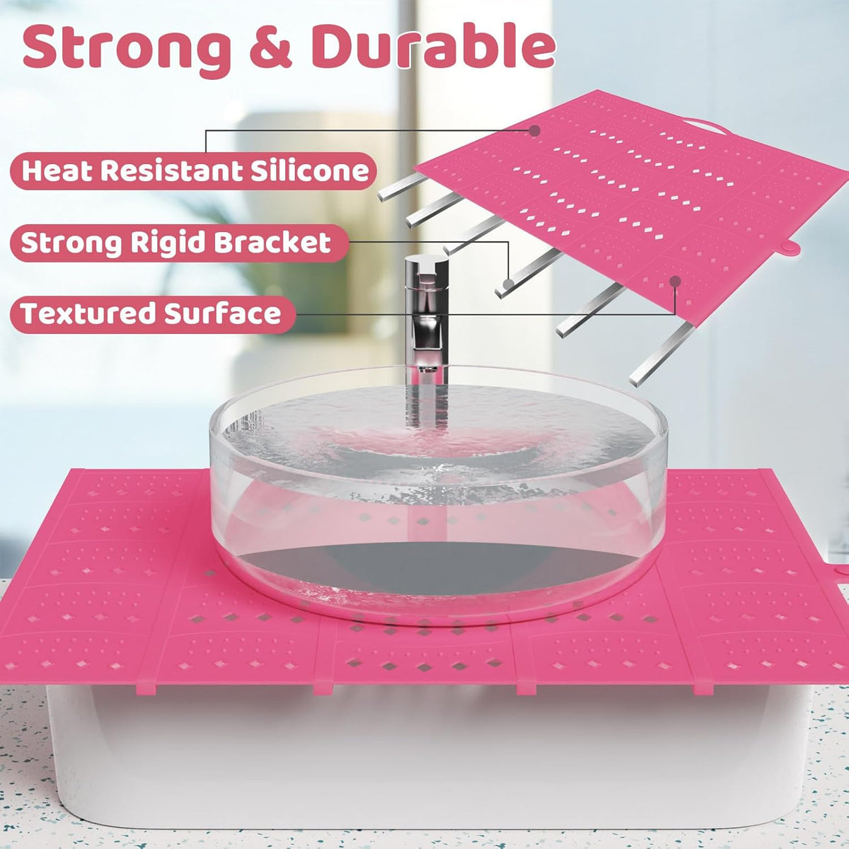 Bathroom Sink Cover for Counter Space, Sink Mat Foldable Sink Cover, Silicone Makeup Organizer Mat Space Saver, Small Bathroom & Rv Camper Travel Must Haves Accessories, Pink