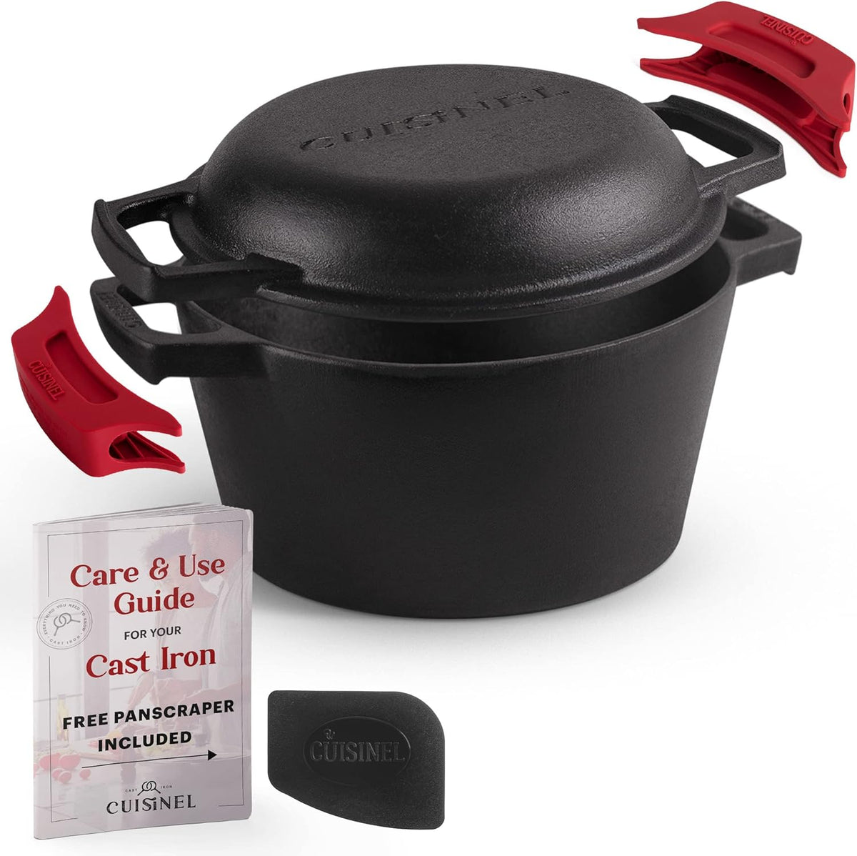 Cuisinel Cast Iron Dutch Oven - 3-Quart Deep Pot - Pre-Seasoned 2-in-1 Multi-Cooker - Combo Lid Doubles as 8"-inch Skillet Frying Pan + Silicone Handle Covers + Scraper - Use for Baking Bread