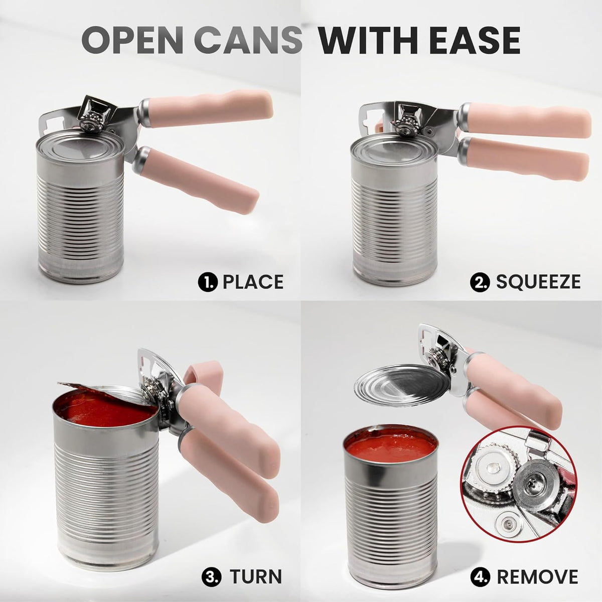 Zulay Kitchen Heavy Duty Stainless Steel Can Opener Manual with Bottle Opener - Rust Proof Manual Can Opener With Turn Knob & Comfy Soft Grip Handles - Peach