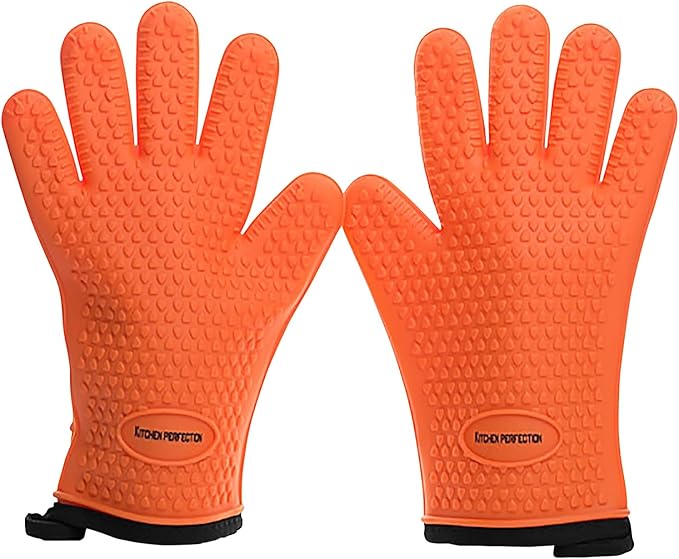KITCHEN PERFECTION Silicone Smoker Oven Gloves -Extreme Heat Resistant BBQ Gloves -Handle Hot Food Right on Your Smoker Grill Fryer & Pit | Waterproof Oven Mitts |Superior Value Set+3 Bonuses