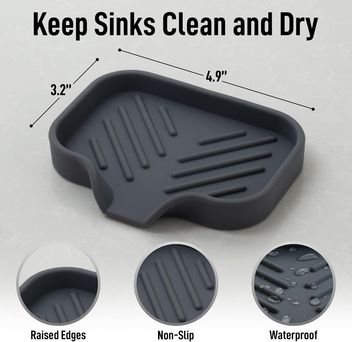Zulay Kitchen Small Silicone Sponge Holder (4.9x3.3”) – Space-Saving Sink Organizer Tray for Sponge, Soap, Brush & More – Compact Non-Slip Dish for Kitchen & Bathroom (Grey)
