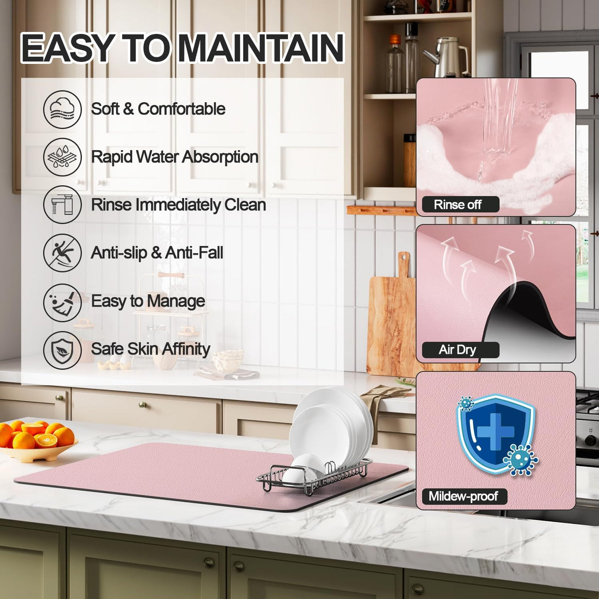 Dish Drying Mat for Kitchen Counter | Coffee Bar Mat for Countertops | Heat Resistant Drainer Mat with Non-slip Rubber Backed | Hide Stain Kitchen Absorbent Draining Mat | Pink 16"x20"