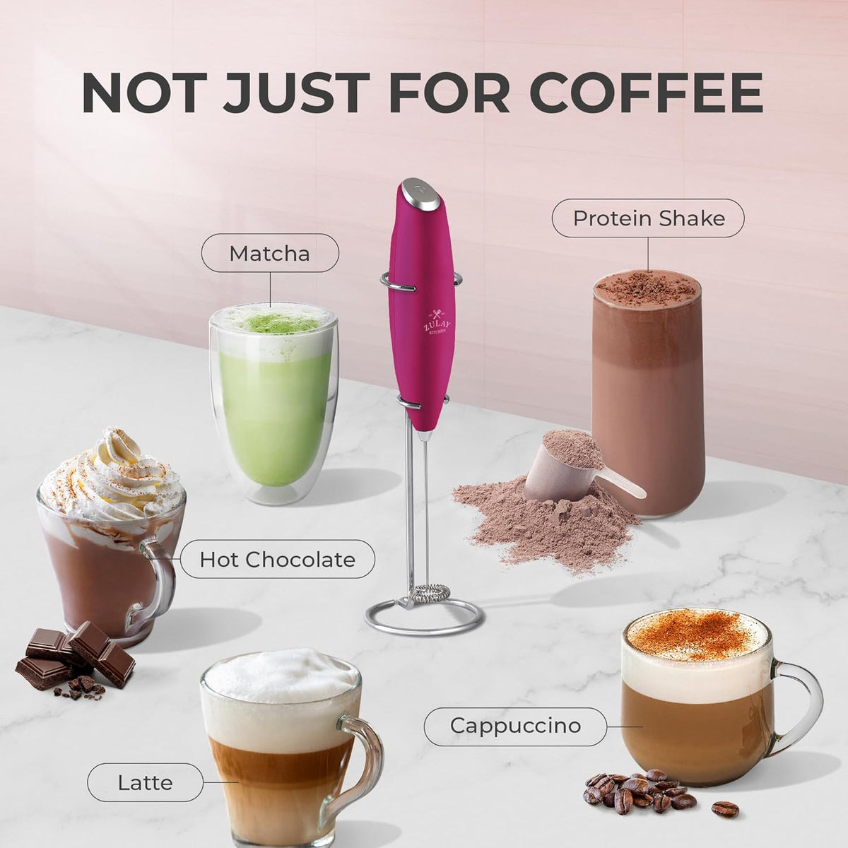 Zulay Kitchen Powerful Milk Frother Wand With 4 AA Duracell Batteries - Ultra Fast Handheld Drink Mixer - Electric Whisk Foam Maker for Coffee, Lattes, Cappuccino, Matcha & Creamer -