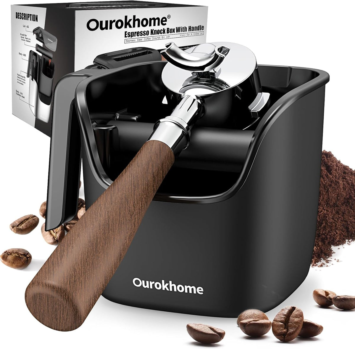 Ourokhome Knock Box Espresso Accessories, The Latest Patented Stainless Steel Espresso Machine Tool for Coffee Ground with Removable Knock Bar, Handle and Lid, Dishwasher safe, 4.8 inch (Black)