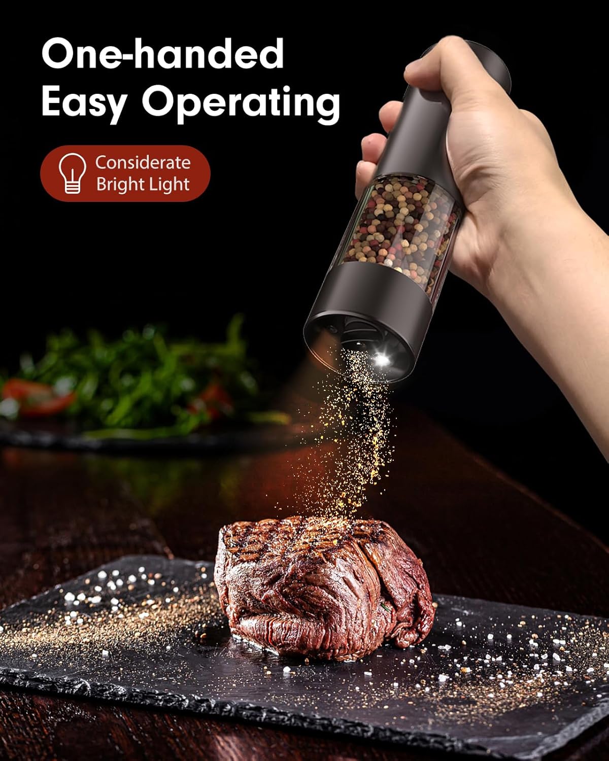 TOMEEM Upgraded Larger Capacity Electric Salt and Pepper Grinder Set Rechargeable with LED lights, Stainless Steel Automatic Pepper and Salt Grinder Refillable with 5 Adjustable Coarseness Black