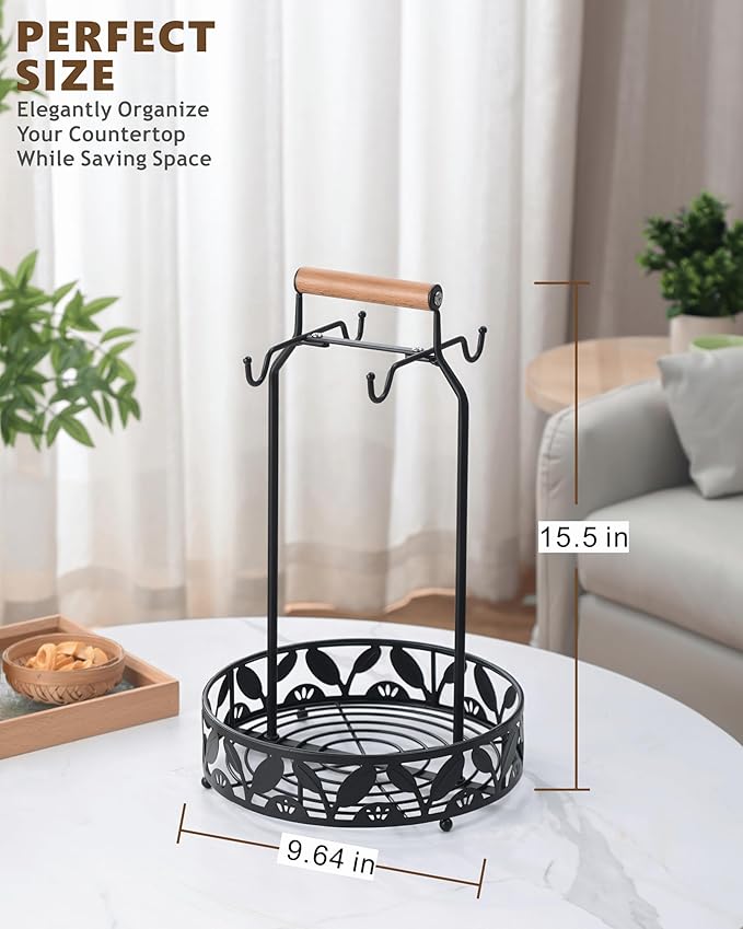 Mug Holder for Countertop, 2-in-1 Mug Tree for Large Mugs & Coffee Cup Stand with Storage Basket - Mug Rack & Organizer for Coffee Bar Accessories