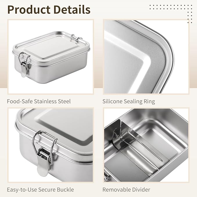 3 PCS Bento Boxes, Stainless Steel Lunch Boxes, Food Storage Containers, Lockable Clips to Leak Proof, Reusable Dishwasher Safe Lunch Snack Boxes(850 ml, 1400 ml, 2400 ml)