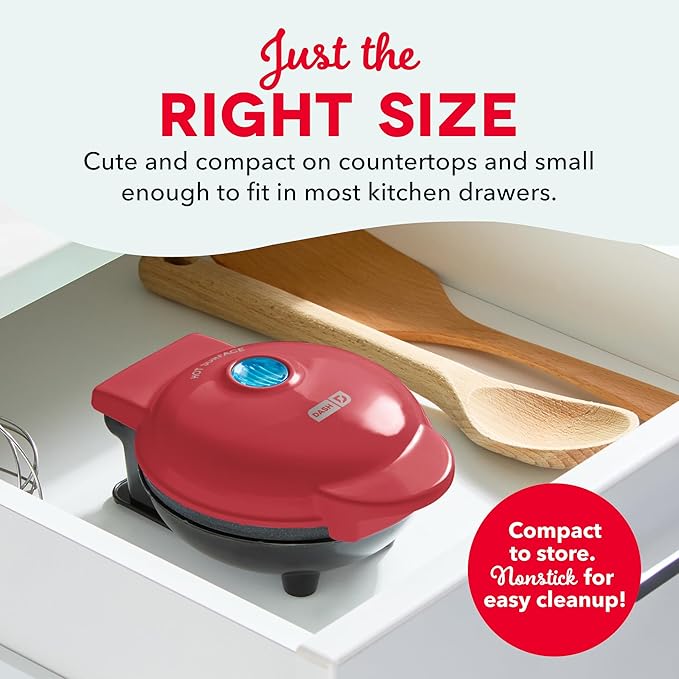 Dash Mini Waffle Maker- Compact Electric Iron for Creative Homemade Treats - Nonstick Surface - Easy-to-Clean - Perfect for Kids & Families - Red