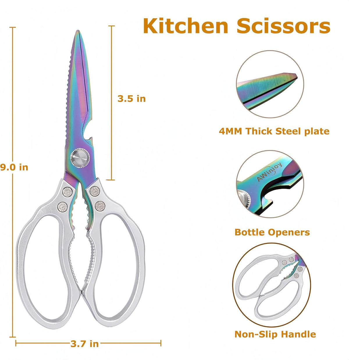 Heavy Duty Sharp Kitchen Scissors, Dishwasher Safe, Cooking Shears for Meat, Chicken, Fish, Poultry, Herb, Bread (Silver Color)