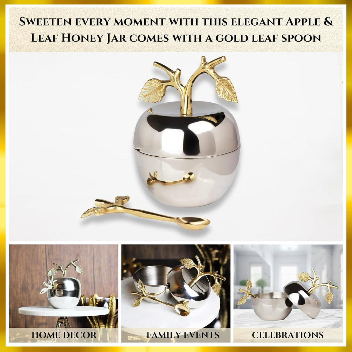 Silver Honey Jar Dish, Apple & Leaf Honey, Jam Server with Dipper Spoon Ideal for Serving Honey, Jams, Jellies, Gorgeous Gold Leaf Spoon, Stainless Steel & Brass, Everyday Rosh Hashanah & any Occasion