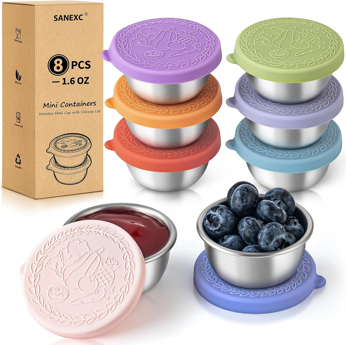 8 Pack - 1.6 Oz Small Salad Dressing Containers To Go, Leakproof Condiment Containers with Lids Reusable Stainless Steel Sauce Cups for Lunch Boxes Kitchen Storage Picnics Travel Meal Prep