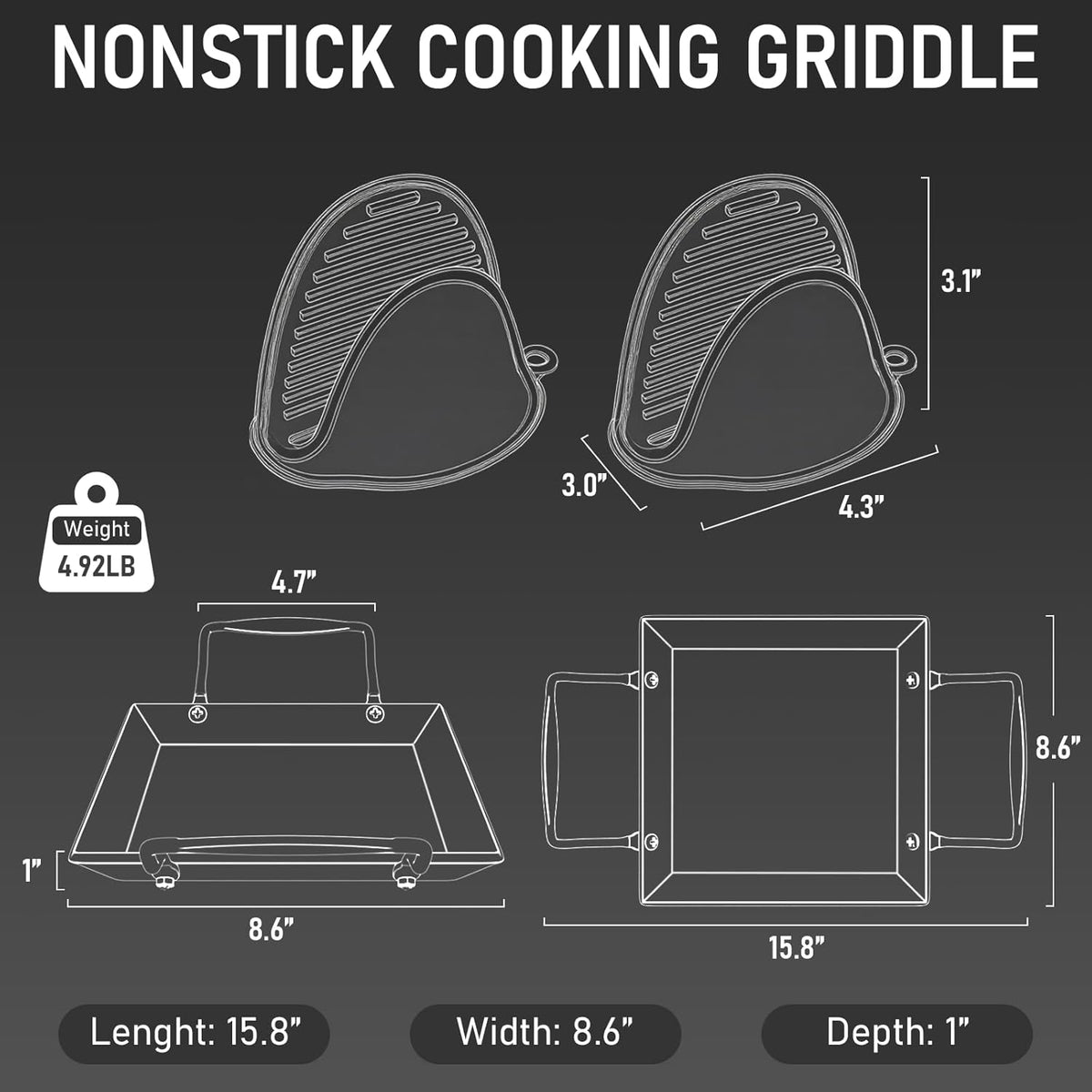 Utheer Upgraded Nonstick Cast Iron Griddle for Gas Grill – 15.8"x8.6" One Burner Griddle Flat Top Grill Plate for Gas/Electric/Charcoal, Easy to Clean, Lightweight & Durable, for Stovetop, Camping BBQ
