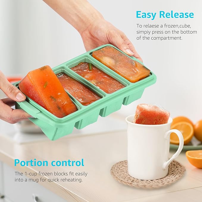 Ztomine Silicone Freezer Tray With Lid - Silicone Freezer Food Molds- Large Ice Cube Tray,Silicone Freezer Container,Freeze & Store Soup, Sauce, Broth,Leftovers - Makes 4 Perfect 1 Cup