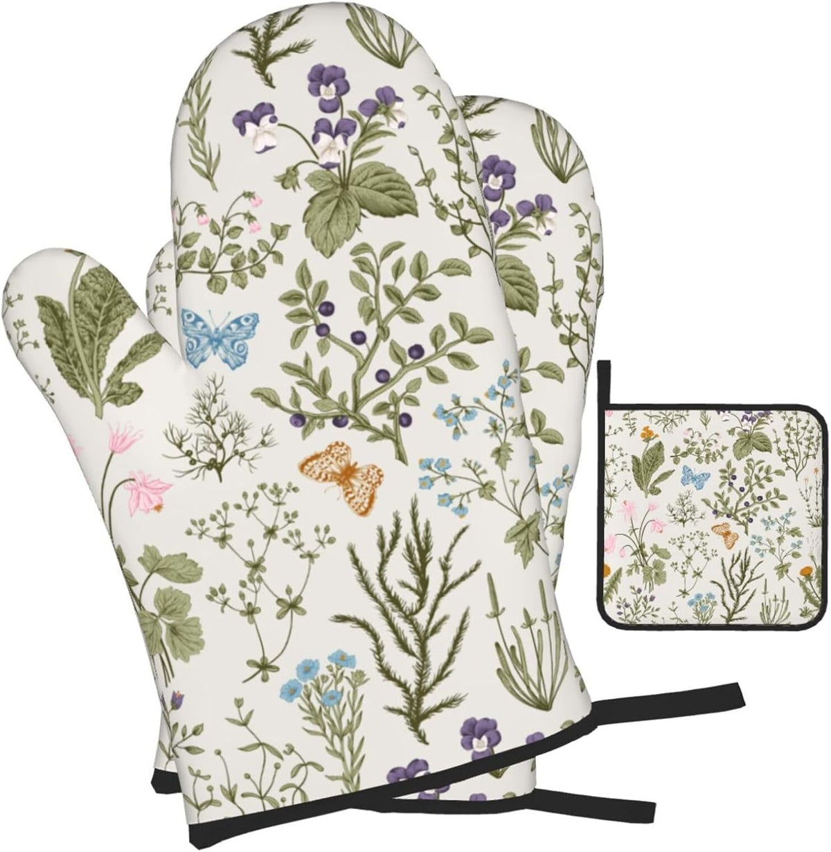Vintage Floral Oven Mitts and Pot Holders Sets of 3 Cute Botanic Hot Pads Herbs and Wild Flowers Oven Gloves Heat Resistant Washable for Kitchen Cooking Grilling Baking
