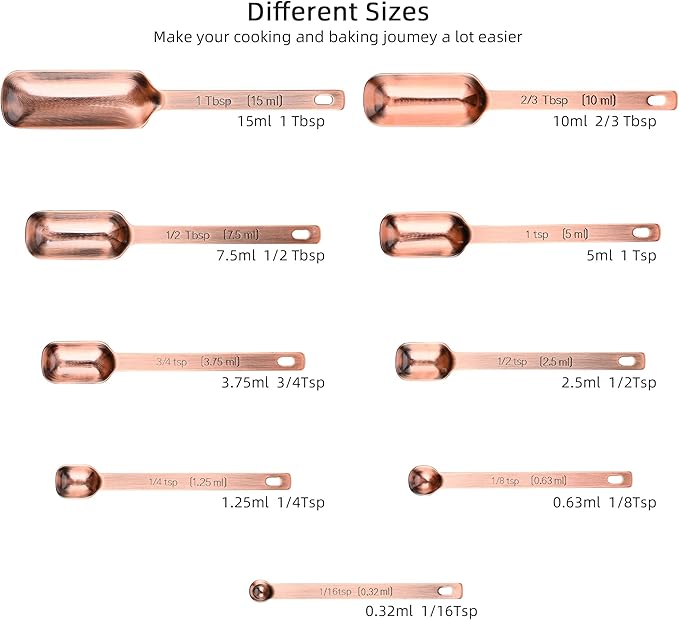 Copper Measuring Cups and Spoons Set, 20-Piece Stainless Steel Measuring Cups and Spoons Set, Measuring Stick Leveler, Measurement Conversion Chart Fridge Magnet, with 2/3 & 3/4 Measure Cup