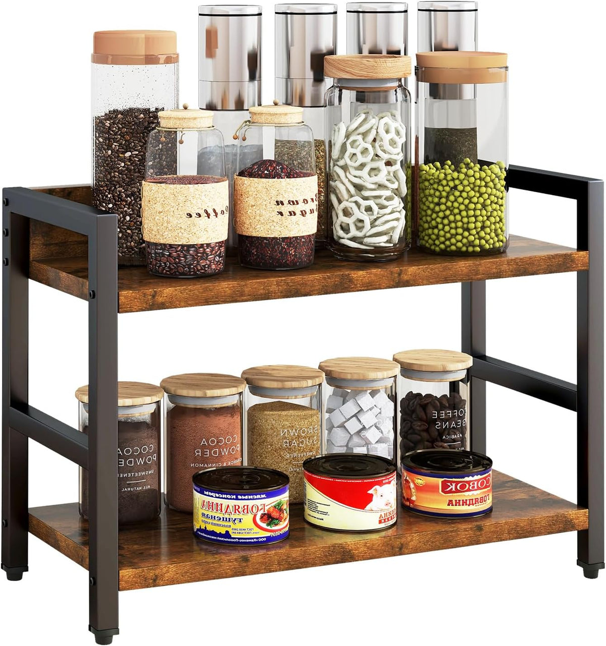 IBUYKE 2-Tier Spice Rack Industrial Counter Shelf Desktop Storage Organizer Standing Seasoning Rack for Countertop Kitchen Office Living Room Desktop Rustic Brown UTLJ002H