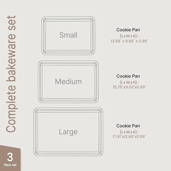 BAKKEN Kitchen Baking Pan - Small, Medium, and Large Cookie Pan (13.58×9.65, 15.75×11, 17.91×12.60), Nonstick, Diamond Texture Bottom, PFOA, PFOS, PTFE Free, Oven Safe (450°F), Pack of 3, White Marble