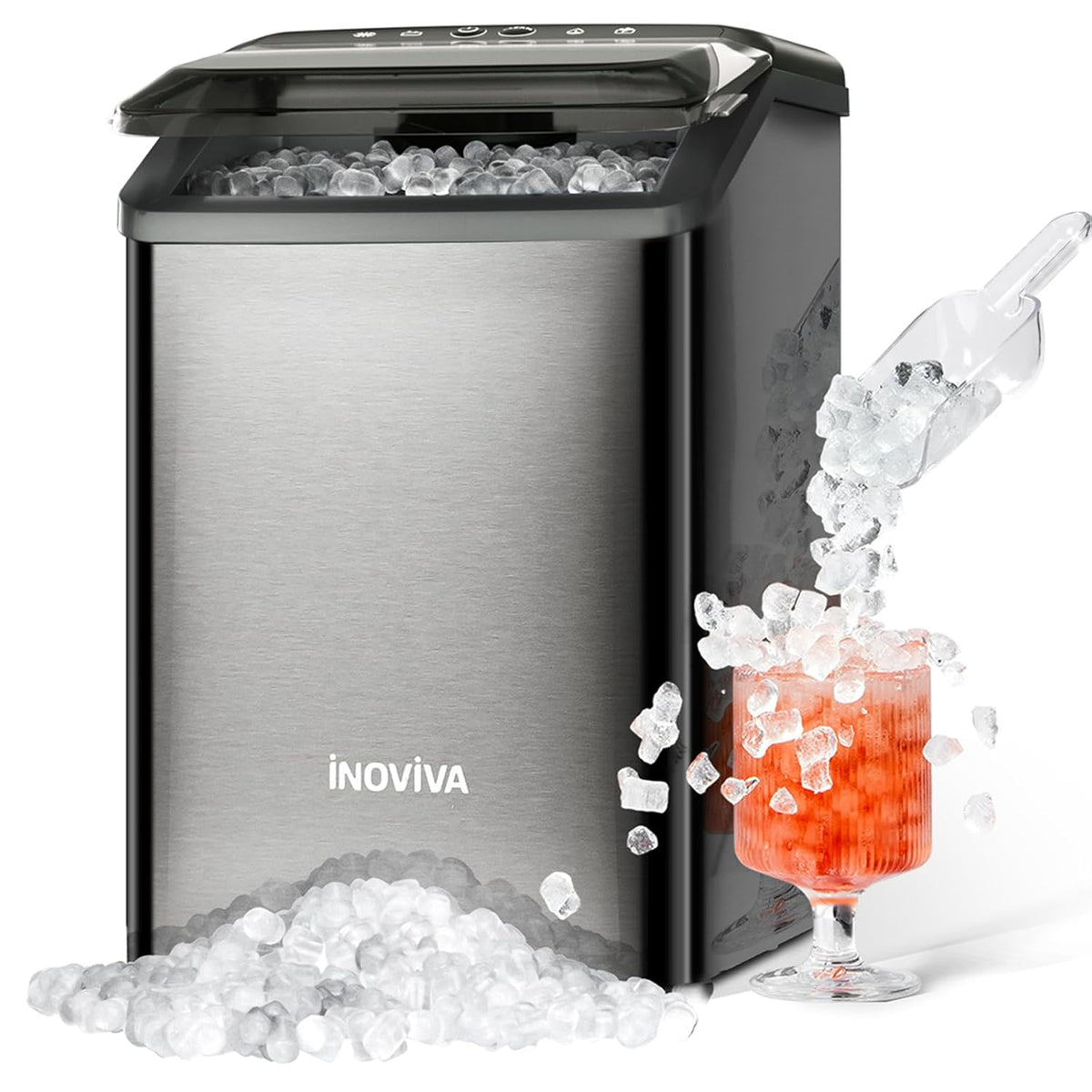 Nugget Ice Maker Countertop, 40lbs/24H Soft Chewable Pellet Ice Machine with Self-Cleaning, Sonic Ice Maker for Home Kitchen, Office - Black Stainless