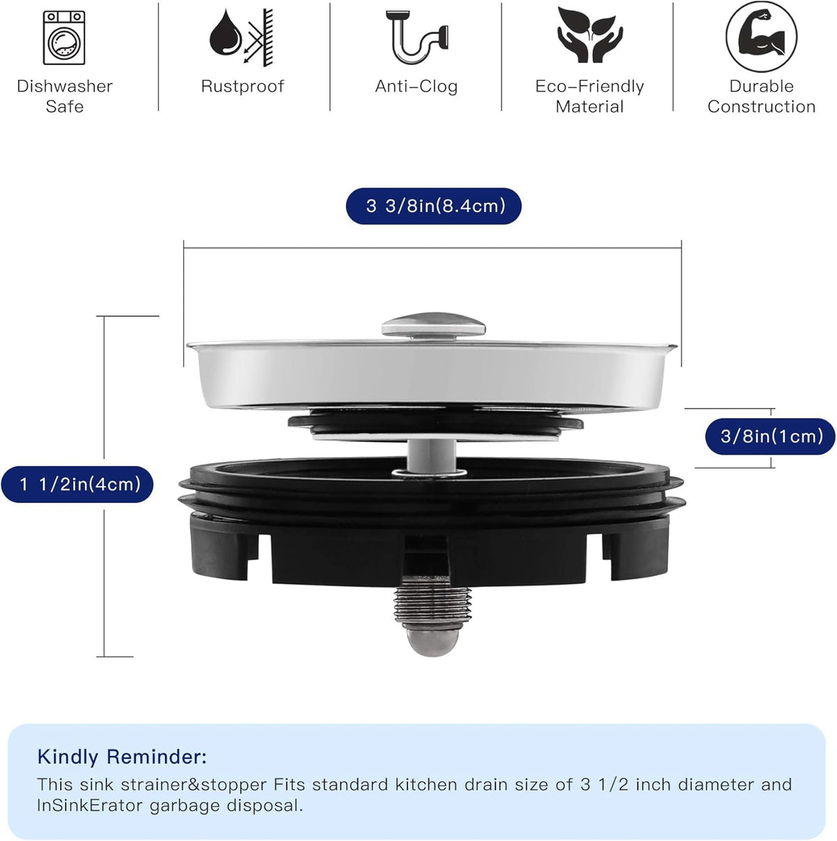 CLEESINK Kitchen Sink Strainer and Stopper Combo for Standard 3-3/8 Inch Drain
