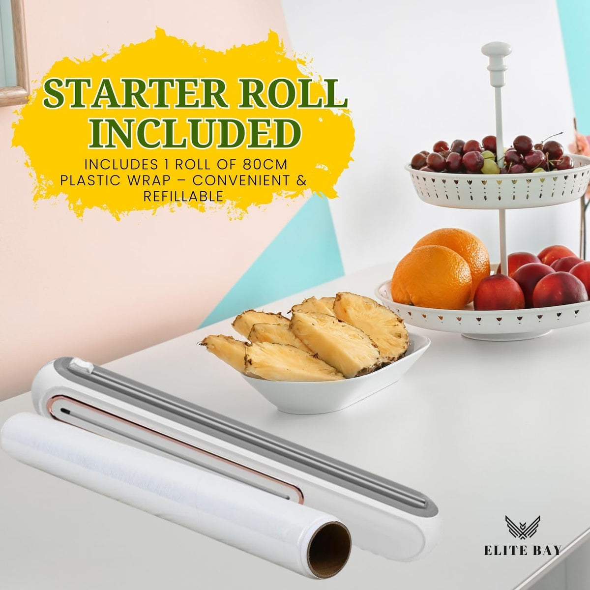 Food Plastic Wrap Dispenser with Sliding Cutter – Refillable ABS Wrap Cutter for Kitchen Use | Includes 80cm Plastic Wrap Roll | Compact, Safe & Easy to Use | Space-Saving Design in White.