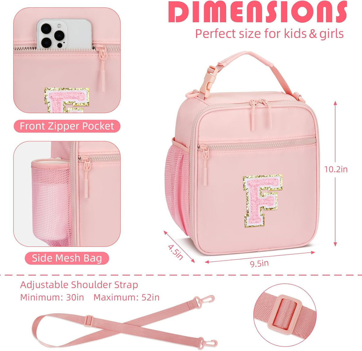 Initial Insulated Lunch Bag for Girls Kids, Back to School Gift, Reusable Leak-proof Lunch Box with Adjustable Strap for School Daycare Travel Picnic (Pink,F)