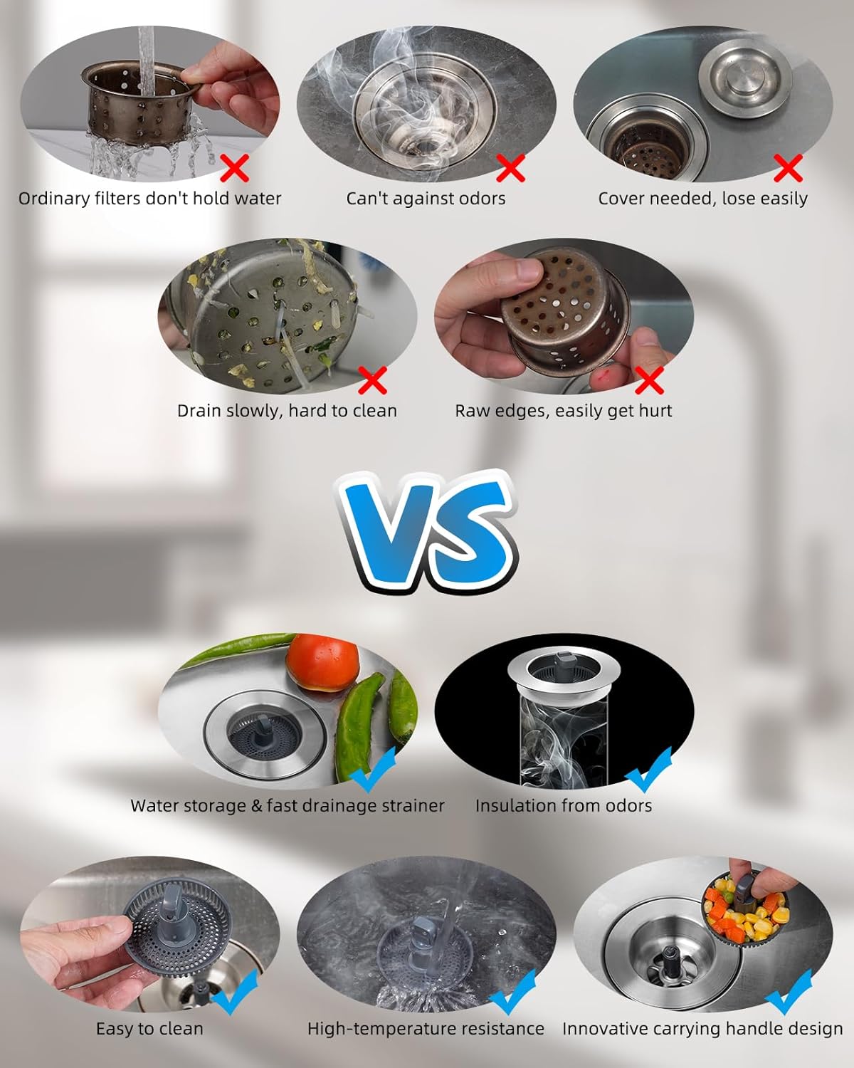 Hibbent Upgraded 3 in 1 Kitchen Sink Drain Strainer and Stopper Combo, Stainless Steel Metal Pop Up Sink Stopper with Foldable Handle, 3 Anti-Clogging Baskets, Fit for US Standard 3-1/2 Inch Drain