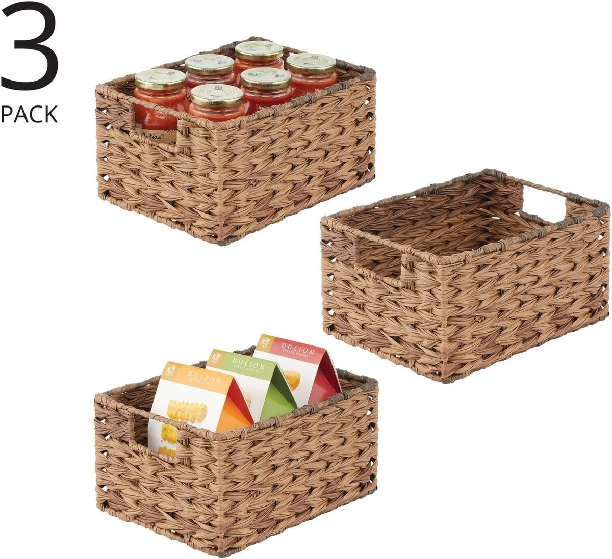 mDesign Woven Farmhouse Kitchen Pantry Food Storage Organizer Basket Bin Box - Container Organization for Cabinets, Cupboards, Shelves, Countertops - Store Potatoes, Onions, Fruit, 3 Pack, Brown Ombre