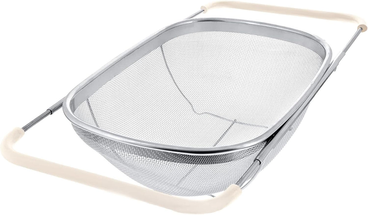 Over The Sink Colander, 6 Quarts Stainless Steel Oval Colander with Expandable Rubber Grip Handle, Fine Mesh Strainer Baskets Kitchen Colander for Strain, Drain, Rinse Vegetables, Fruits, Beige