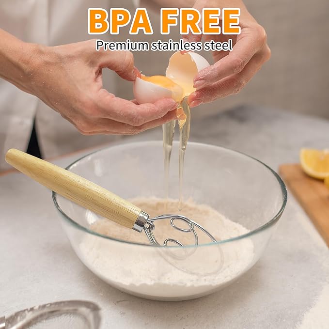 ALLTOP Danish Dough Whisk - Ultimate Dutch Mixer Hand Utensil with Stainless Steel Dough Hook - Essential Sourdough Stirring Stick for Perfect Bread Making Tool