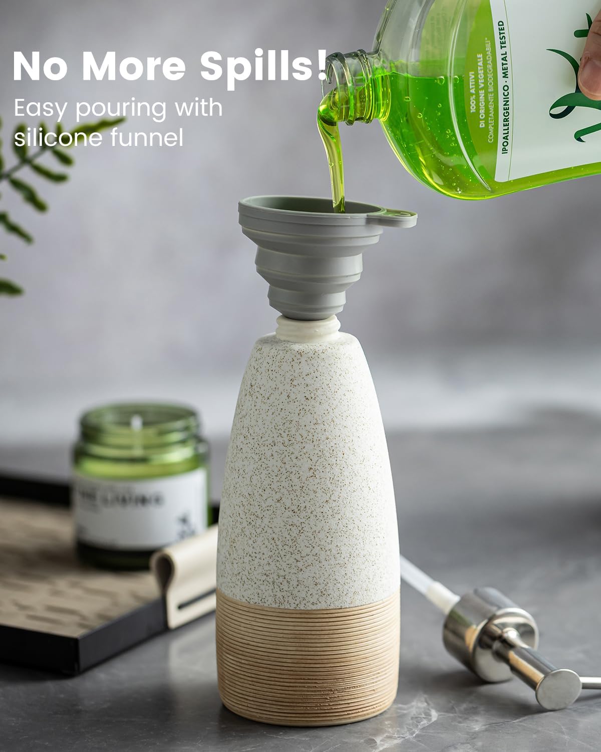 12oz Dish Soap Dispenser with Plastic Pump & Stainless Steel Pump for Hand Soap, Shampoo, Lotion, Conditioner, Ceramic Refillable Soap Bottle with Silicone Funnel for Bathroom, Kitchen, Speckled White