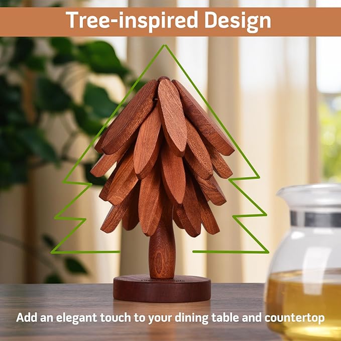 Trivets for Hot Dishes，Tree Shape Trivet Set,4 Wooden Trivets + 1 Stand， Heat-Resistant Foldable Wooden Tree Trivet Set for Pot、Bowl、Teapot、Hot Pot Holder