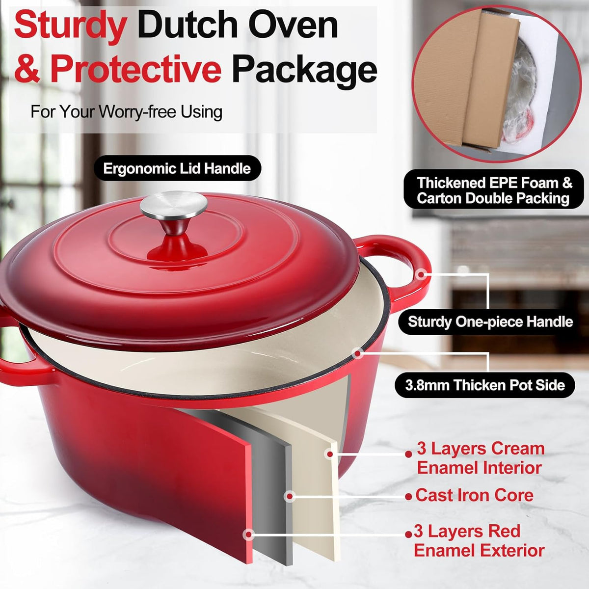 P&P CHEF 5QT Enameled Dutch Oven, Cast Iron Dutch Oven Pot with Lid for Bread Baking, Enameled Casserole Pot for Roasting Braising Stewing Frying Simmering, Various Stoves & Easy Clean, Red