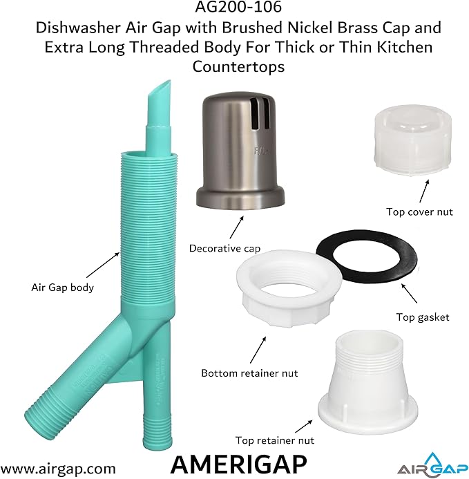 Dishwasher Air Gap with Skirted Brushed Nickel Brass Cap and Extra Long Threaded Body for Thick or Thin Kitchen Countertops (AG200-106, AG200-X06, AMERIGAP)