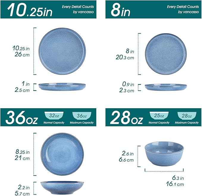 vancasso ANYA 24 Pieces Plates and Bowls Set, Blue Dinnerware Sets, Reactive Glaze Dishes Set for 6, Ceramic Dishware Sets Kitchen Dinner Set, Microwave & Dishwasher Safe