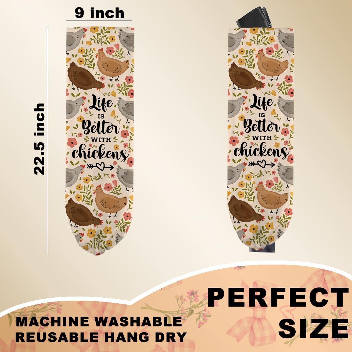 Rustic Chicken Plastic Bag Holder, Vintage Chickens Grocery Bag Holder for Plastic Bags, Pull Rope Free Adjustment, Floral Grocery Bags Storage Dispenser for Home Kitchen, Chicken Gifts for Women
