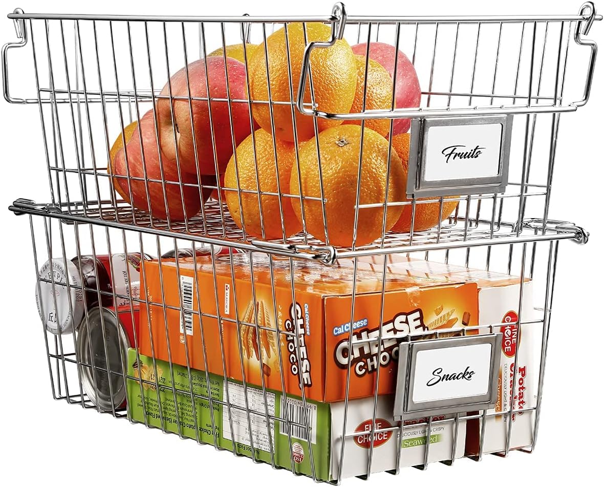 Orgneas Stackable Chest Freezer Baskets Organizer Bins, Metal Wire Baskets Pantry Organizer Produce Baskets with Tag Slot for Snacks Vegetables and Fruits