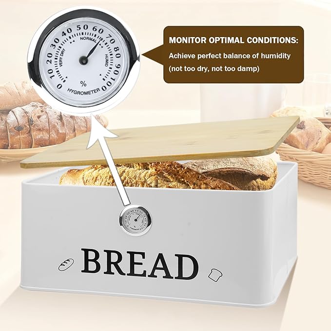 White Bread Box for Kitchen Countertop with Bamboo lid, Hygrometer Kitchen Organizer for Sourdough, Buns, and Loaves, Bread Storage Container with Cutting Board Lid