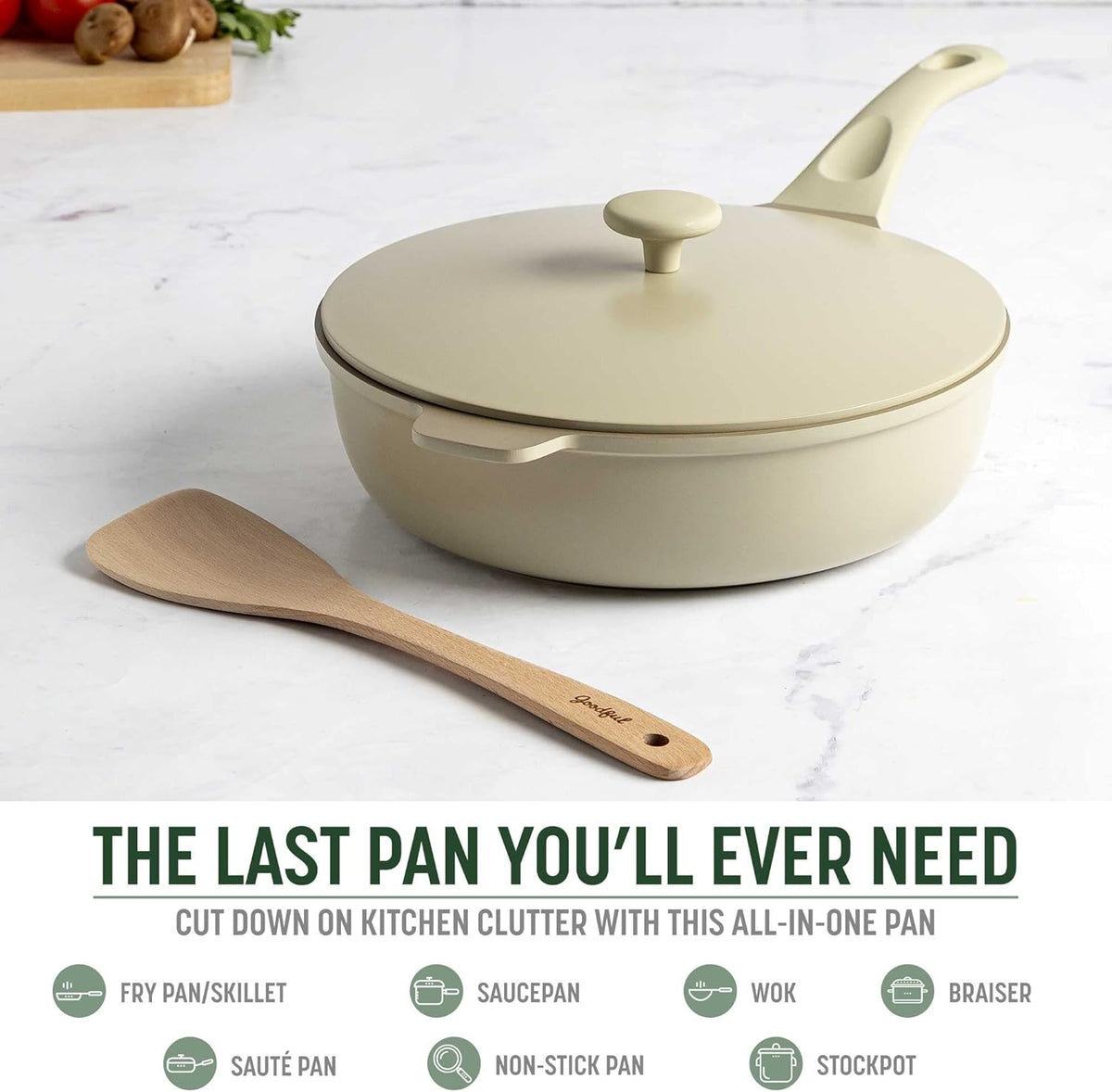 Goodful All-in-One Pan, Multilayer Nonstick, High-Performance Cast Construction, Multipurpose Design Replaces Multiple Pots and Pans, Dishwasher Safe Cookware, 11-Inch, 4.4-Quart Capacity, Linen