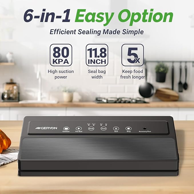 GERYON Vacuum Sealer Machine, Food Vacuum Sealer with Powerful Suction | Slim Design | Easy to Use | Led Indicator Lights for Sous Vide, Meal Prep, w/Starter Kits for Vacuum Seal Container (Black）