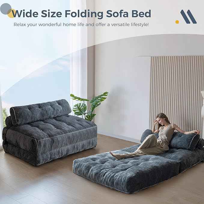 MAXYOYO Folding Sofa Bed, Convertible Sleeper Chair with Pilow Foldable Matress with Back Support, Portable Fold Out Chair Bed Comfy Floor Sofa Lounge for Living Room Bedroom, Dark Grey, Double