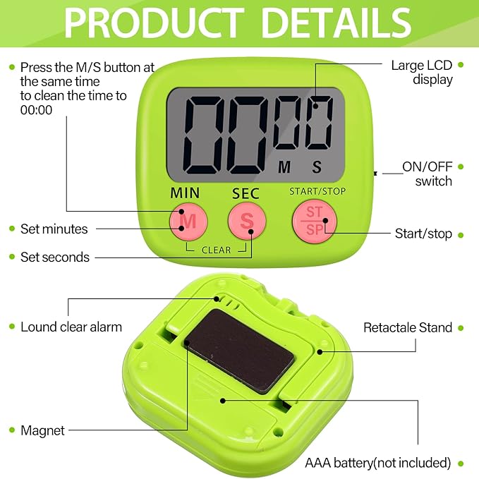 Weewooday 24 Pcs Digital Kitchen Timer Magnetic Timer Bulk On/Off Switch Minute Second Count up Countdown Loud Alarm for Exercise Cook Baking (Blue,Green)