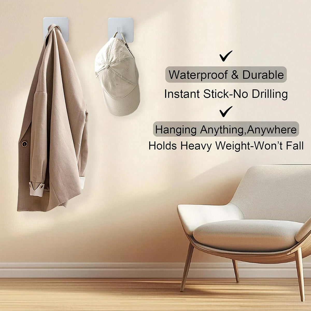 Aluminum Wall Hooks, No Drill Damage-Free Adhesive Hook, Product for Hanging Heavy Duty for Bathroom Kitchen Home (Single Square Sliver Hook, 4)