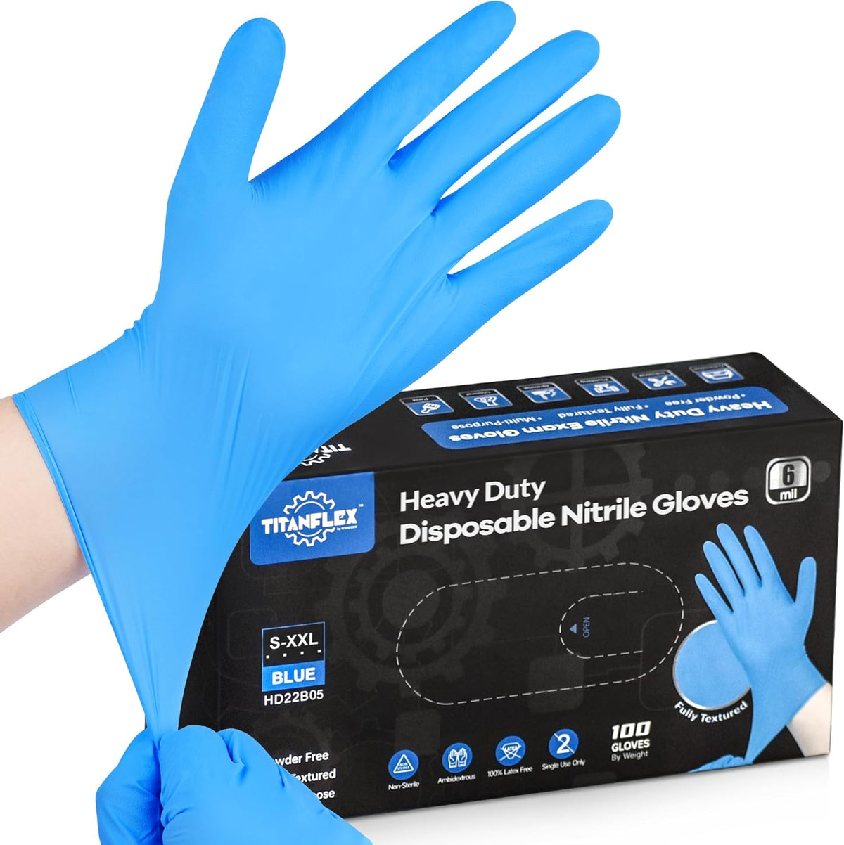 TitanFlex Heavy-Duty Blue Nitrile Gloves, 6-mil, Fully Textured, Mechanic Disposable Gloves, Powder-Free, Latex-Free