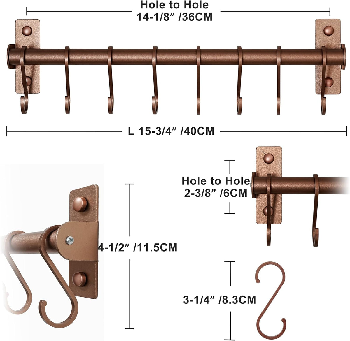 Dseap Kitchen Utensil Holder Hanger, Pot and Pan Rack Wall Mounted, Kitchen Rail with 8 Hooks for Hanging Cooking Utensils, Mugs, Spoons, Wall Mounted, Antique Copper, Pack of 2