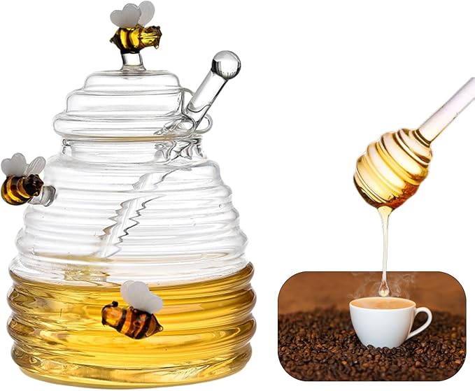 glass honey jar with dipper,beehive shaped honey pot,honey container with dipper large,17 oz