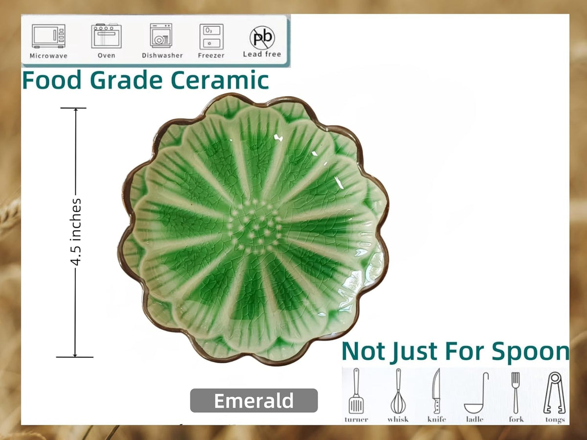 Ceramic Spoon Rest for Stove Top, Flower Cute Spoon Rest for Kitchen Counter, Cooking Spoon Holder for Kitchen Counter, Utensil Rest Spatula Rest Ladle Holder Tong Rest, 1 PC (Ice Cracks, Emerald)